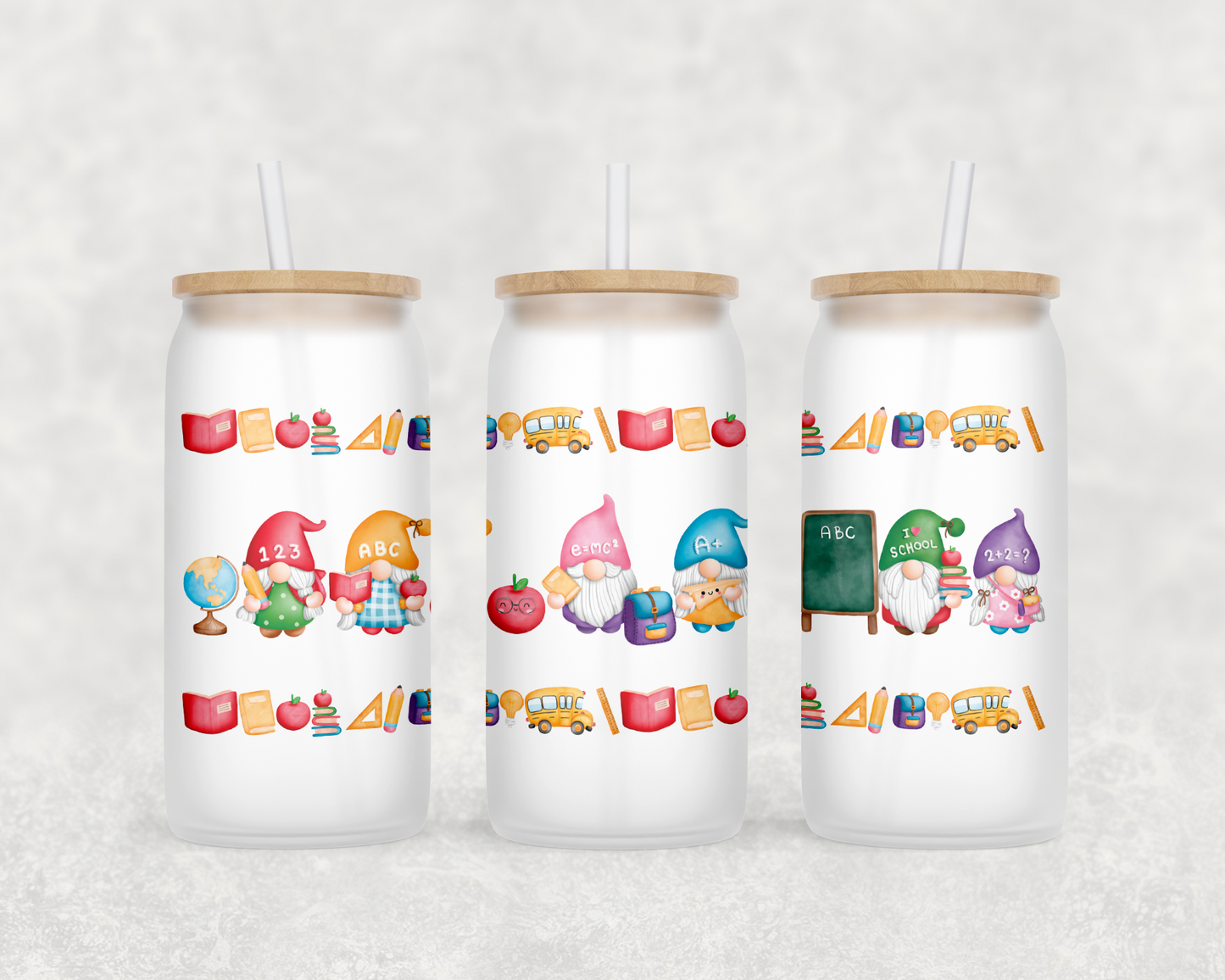 Back to School Themed Frosted Glasses with Bamboo Lid and Straw