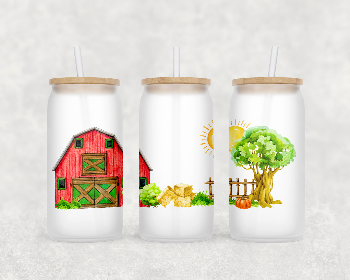 Farm Life Themed Frosted Glasses with Bamboo Lid and Straw