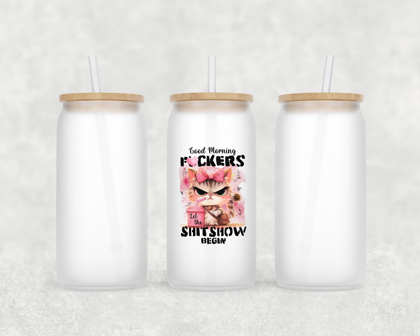 Cute and Funny Frosted Glasses with Bamboo Lid and Straw