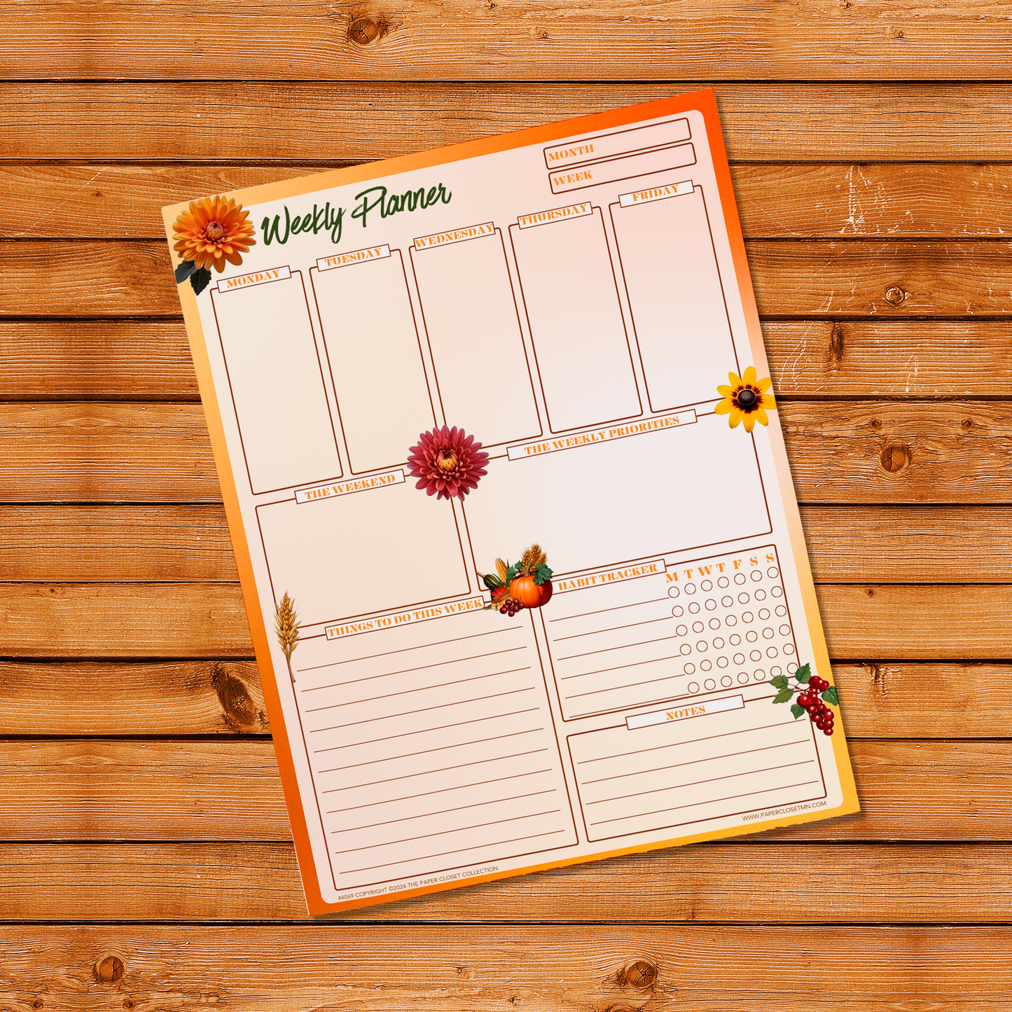 Autumn Botanicals 2024 Weekly Planner Checklist Notepad