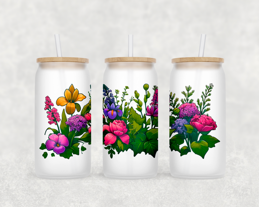 Spring Florals Themed Frosted Glasses with Bamboo Lid and Straw